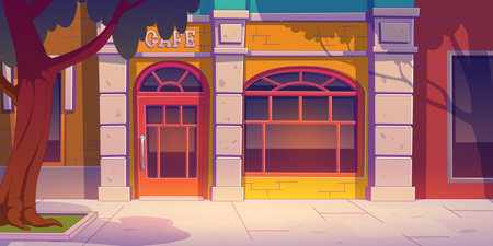 Cafe facade in city street with tree on sidewalk. Vector contemporary illustration of yellow building with retro arch door and window, plant shadow on wall. Cozy coffee shop exterior. Small businessのイラスト素材