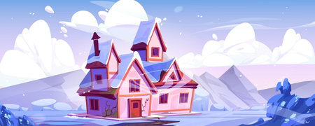 Winter landscape, country house surrounded by beautiful mountain. Vector cartoon snowy illustration of old cottage with red roof, garden with white trees and bushes under sunny blue skyのイラスト素材