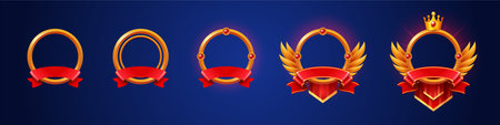 Golden game rank frames set isolated on background. Vector cartoon illustration of round metal borders decorated with red gemstones, silk ribbon and royal crown. Level awards. Gui design elementsのイラスト素材