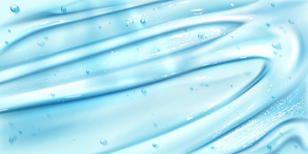 Texture of cosmetic gel, moisture serum or skincare mask surface in top view. Background with blue jelly with bubbles, beauty spa product surface, vector realistic illustrationのイラスト素材