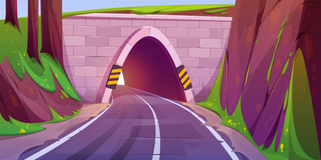 Cartoon road going through tunnel in mountain. Vector illustration of empty speed highway running through rock in forest, perspective view. Travel route, way to destinationのイラスト素材