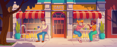 Happy people sitting in outdoor cafe. Vector contemporary illustration of male and female characters chatting, scrolling smartphone at coffee shop tables in city street in tree shadow. Urban lifestyleのイラスト素材