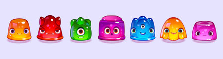 Cartoon set of cute jelly game characters isolated on background. Vector illustration of funny slime creatures with big eyes, monster teeth, different emotions. Colorful simple gel aliens smilingのイラスト素材