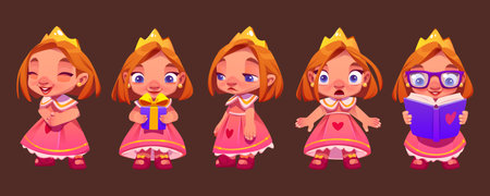 Cute princess character with expression, emotions isolated cartoon vector. Little funny girl in crown and glasses read book, hold of gift box, sad and laugh, scared or surprised, set of comic iconsのイラスト素材
