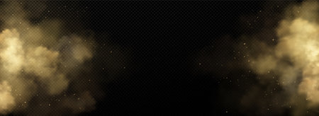 Brown dust border, sand and smoke clouds. Effect of sandstorm, wind storm in desert or explosion with texture of flying dusty powder and dirt particles, vector realistic backgroundのイラスト素材