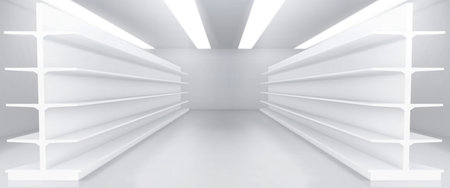 Realistic supermarket interior mockup with white shelves. Vector illustration of empty shop, market or warehouse furniture for goods display. Aisle between rows of retail business showcase standsのイラスト素材