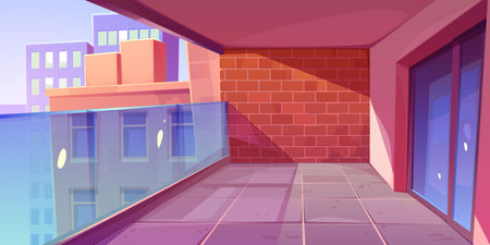 Empty interior of balcony with red brick wall and glass door with urban buildings outside. Summer terrace, lounge with glass fence and city skyline view, vector cartoon illustrationのイラスト素材