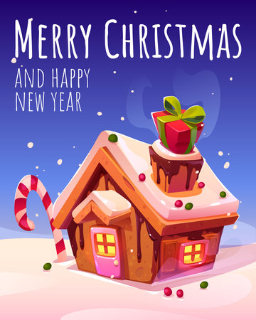 Merry Christmas and Happy New Year greeting card with gingerbread house, candy cane and gift box. Xmas holidays celebration, creative decor with traditional festive sweets, Cartoon vector illustrationのイラスト素材