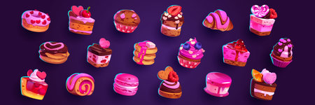 Cartoon set of sweet desserts isolated on background. Vector illustration of appetizing cakes,...