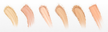 Set of vector realistic face powder smear. Isolated makeup cosmetic swatch on transparent background. Mineral foundation, stroke beauty product samples. Broken powder sample texture, skin colorsのイラスト素材