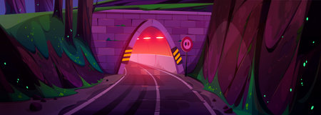 Car road and tunnel entrance. Countryside mountain landscape with empty highway, underground freeway, green trees and grass at night, vector cartoon illustrationのイラスト素材