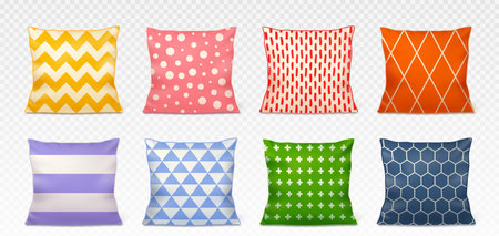 Color square pillows realistic vector illustration. Cotton decorative cushion with pattern rhombuses and triangles, dots and zigzag, striped pad front view, set isolated on transparent backgroundのイラスト素材