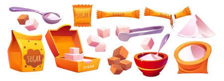 Cartoon set of sugar in different packages isolated on white background. Vector illustration of white and brown sugar powder and cubes in spoon, box, craft paper bag, sack, stick. Food sweetenerのイラスト素材