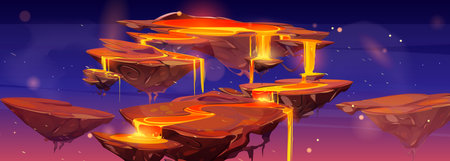 Vector floating lava islands game cartoon landscape background illustration. Volcano magma flow on ground. Magic danger fantasy planet asset with rock to fight. Flying arena for arcade with eruptionのイラスト素材