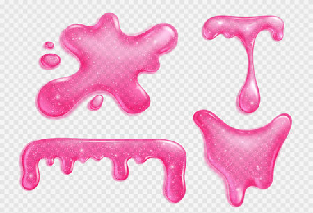 Pink slime, jelly stain, liquid dripping sauce or glue realistic vector isolated illustration on transparent background. Blot of juice or slimy poison splashのイラスト素材
