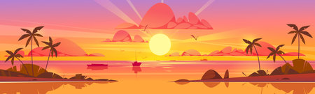 Sunset on beach in summer vector background. Sunrise on ocean island landscape cartoon illustration. Orange sky with cloud and palm. Tropic scene with boat silhouette in calm water.のイラスト素材