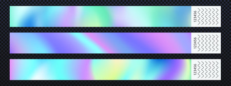 Festival bracelet, wristband with hologram texture for pass to event, party, music concert. Paper hand band with pastel rainbow print isolated on transparent, vector realistic illustrationのイラスト素材