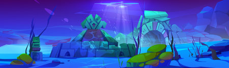 Atlantic underwater ocean game cartoon background of ruin. Undersea world cartoon adventure. Abandoned portal in aquarium on bottom. Fantasy artifact to explore. Nautical mysterious landscape.のイラスト素材