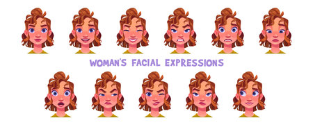 Woman facial expressions isolated vector illustration. Set of female face avatar with different emotion. Girl character is angry, happy, upset, surprise or ashamed. User animation head collection.のイラスト素材