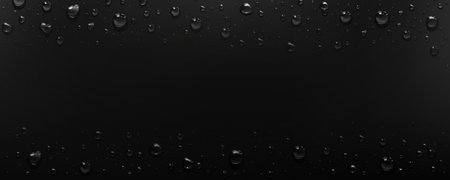 Realistic condensation water drop on black background. Wet bubble effect texture on glass surface vector. 3d dark raindrop pattern illustration with dribble and light reflection for web banner.のイラスト素材
