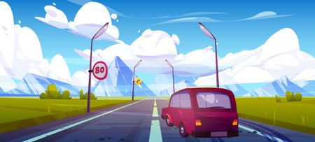 Mountain landscape with road and car, cartoon vector. Speed limit sign and outdoor lamp on drive way. Travel to Patagonia illustration. Cloud sky nature view. Vehicle route in beautiful location.のイラスト素材