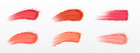 Set of vector realistic face blusher powder smear. Isolated makeup cosmetic swatch on transparent background. Mineral product stroke, beauty product samples. Broken powder sample texture, pink colorsのイラスト素材