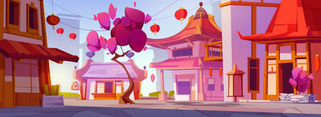 Street view in Chinatown with cherry blossom cartoon landscape. Sakura tree near japan building and city road in village. Travel to lantern on asian house or oriental cityscape.のイラスト素材