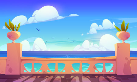 Hotel terrace empty with view on sea and cloud in sky. Summer vector background of indian palace balcony ocean landscape, flying birds. Balustrade on ancient patio, green plants. Baroque lounge designのイラスト素材