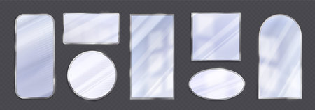 Set of isolated realistic mirror with silver frame on transparent background. Vector light...