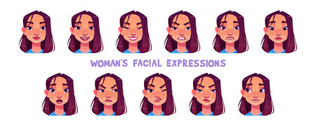 Asian woman facial expressions isolated on white background. Vector cartoon illustration of happy, sad, surprised, tired, scared, angry, upset, winking female face. Game character or avatar designのイラスト素材
