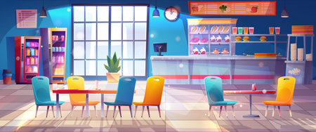 Contemporary school canteen interior design. Vector cartoon illustration of empty university or college cafeteria hall with tables, chairs, snacks, desserts in showcase. Sandwich bar in shopping mallのイラスト素材