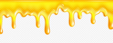Realistic melted honey or oil flow isolated on transparent background. Vector illustration of yellow sweet sticky fluid substance splash dripping down surface. Natural food product. Seamless patternのイラスト素材