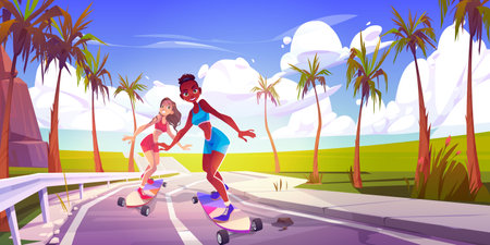 Young sexy woman on skateboard riding along the palm road. Cartoon tropical summer vector landscape background for design travel illustration. Female together enjoying speed skateboarding.のイラスト素材