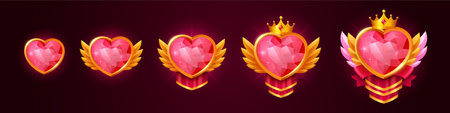 Set of heart shape game rank frames isolated on background. Vector cartoon illustration of red diamond gemstone decorated with sparkling golden wings, silk flag, ribbon and royal crown. Gui elementsのイラスト素材