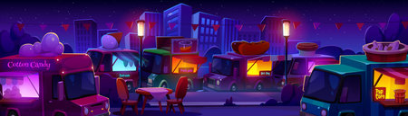 Street food trucks at trade fair in night city park. Vector cartoon illustration of popcorn, hot dog, cotton candy, fresh juice, coffee and snacks van selling takeaway meal outdoors. Catering serviceのイラスト素材