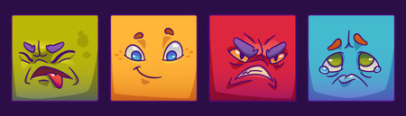 Set of square monster face for player avatar in game. Cartoon emotion expression on stickers in vector. Funny alien character clipart collection with happy, angry and upset mood, cry, eyes with tearsのイラスト素材