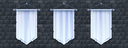 Blank vertical medieval flag mockup for game design. Isolated 3d white pennon hanging on stone wall background. Royal or knight vintage pennant with silver border, ragged edgeのイラスト素材