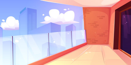 Open empty balcony interior with brick wall and skyscraper view. Banister on apartment terrace in high city building. Urban landscape from residential hotel patio. Leisure area on sunny day.のイラスト素材