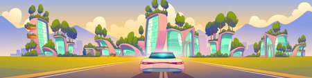 Modern car driving to futuristic city. Vector cartoon illustration of glass buildings with green trees on roofs and balconies, highway traffic, mountain silhouettes on horizon. Contemporary cityscapeのイラスト素材