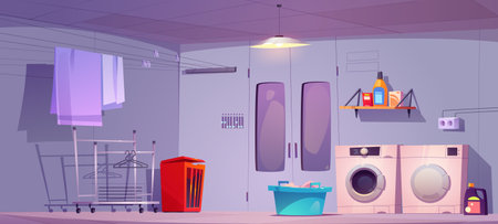 Cartoon laundry room interior design. Vector illustration of washing machine and drier, clean sheets drying on rack, dirty clothes in basket, detergent boxes and bottles on shelf. Household choresのイラスト素材