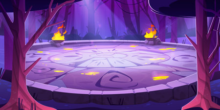 Stone battle arena with runes at night in magic dark forest cartoon background. Vector illustration with fantasy aztec universe with druid temple. Maya altar podium portal for arcade game.のイラスト素材