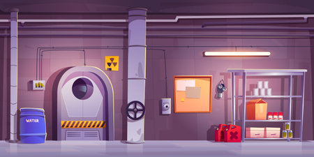 Underground bunker interior design. Vector cartoon illustration of shelter room with radiation hazard sign, gas mask on congrete wall, metal door, shelves with water, canned food and equipment stockのイラスト素材
