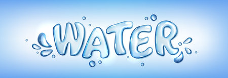 Realistic water text with splash in vector. 3d bubble font with aqua droplet top view. Fresh liquid type effect. Blue pure glossy capital letter set. Beautiful wet flow writing macro view.のイラスト素材