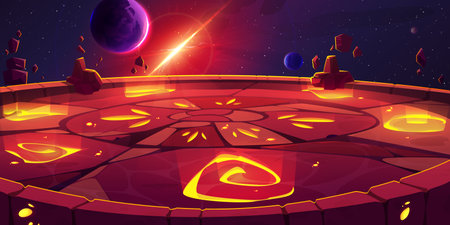 Ancient stone arena for game battle in space. Vector cartoon illustration of level platform with mysterious antique rune symbols glowing with orange lava light, planets and stars in dark night skyのイラスト素材