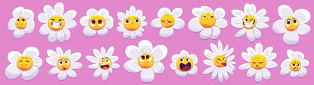 Cartoon set of cute chamomile emoji with different emotions isolated on pink background. Vector illustration of nice white flower characters with happy, smiling, sad, unhappy, scared, surprised facesのイラスト素材