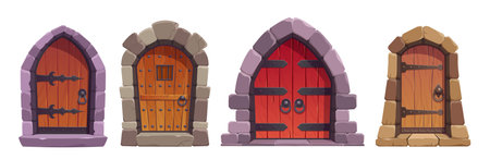 Set of dungeon or castle closed door for game vector illustration. Cartoon isolated entrance collection made of stone and wood. Antique asset for palace, church doorway exterior. Building brick entryのイラスト素材