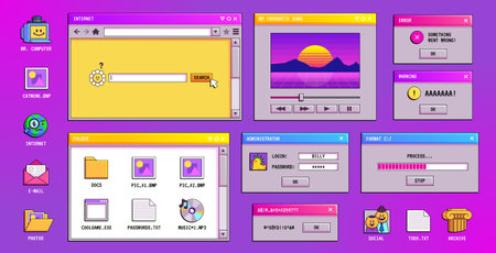 Retro y2k vaporwave window screen of 90s computer with psychedelic interface vector background. Search bar, browser and music player design for desktop with error and warning notification.のイラスト素材