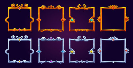 Set of fantasy square game frames isolated on background. Vector cartoon illustration of fancy medieval borders made of silver and gold, decorated with ornament and gems. Ui symbol of royal rank, levelのイラスト素材