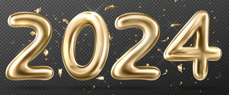 Year 2024 golden numbers isolated on transparent background. Vector realistic illustration of yellow chrome 3D figures in form of air balloon or glossy metal decoration with sparkling confetti flyingのイラスト素材