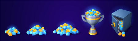 Pile of gold coin and gem for game bundles. Store packages for fantasy market interface. Set of brilliant png bonus in goblet and safe. Luxury currency for magic shop in app purchase.のイラスト素材